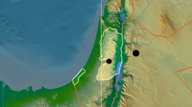 Filistin, fiziksel ortografik haritada ana hatlarıyla belirtilmiş. Sermaye, idari sınırlar ve memnuniyet