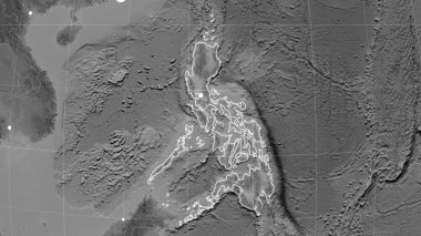 Filipinler gri tonlu ortografik haritada ana hatlarıyla belirtilmiştir. Sermaye, idari sınırlar ve memnuniyet