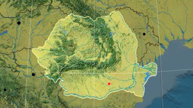 Romanya topoğrafi ortografik haritada yer aldı. Sermaye, idari sınırlar ve memnuniyet