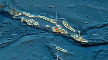 Solomon Islands extruded on the relief orthographic map. Capital, administrative borders and graticule clipart