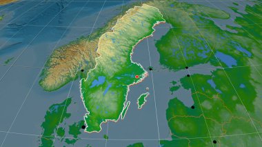 İsveç, fiziksel ortografik haritada yer aldı. Sermaye, idari sınırlar ve memnuniyet