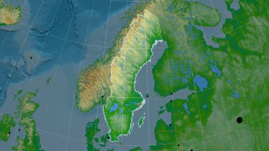 İsveç, fiziksel ortografik haritada özetlenmiştir. Sermaye, idari sınırlar ve memnuniyet