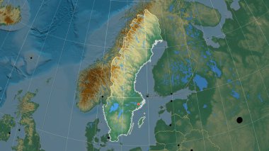 İsveç, rahatlama ortografik haritasında özetlenmiştir. Sermaye, idari sınırlar ve memnuniyet