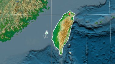 Fiziksel ortografik haritada Tayvan ana hatlarıyla belirtilmiş. Sermaye, idari sınırlar ve memnuniyet