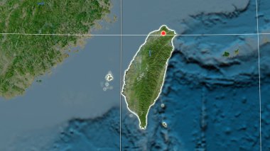 Uydu ortografik haritasında Tayvan ana hatlarıyla belirtilmiş. Sermaye, idari sınırlar ve memnuniyet