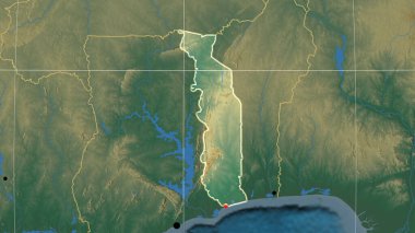 Togo ortografik haritada ana hatlarıyla belirtilmiş. Sermaye, idari sınırlar ve memnuniyet
