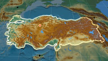 Türkiye ortografik yardım haritasında yer aldı. Sermaye, idari sınırlar ve memnuniyet