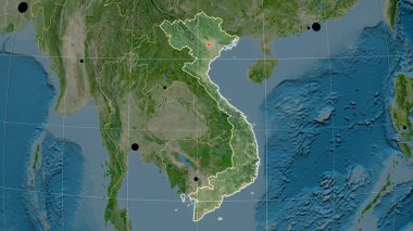 Vietnam uydu ortografik haritasında ana hatlarıyla belirtilmiş. Sermaye, idari sınırlar ve memnuniyet