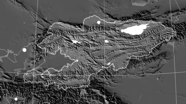 Kirguistán Esbozado Mapa Ortográfico Bilevel Capital Fronteras Administrativas Graticule — Foto de Stock
