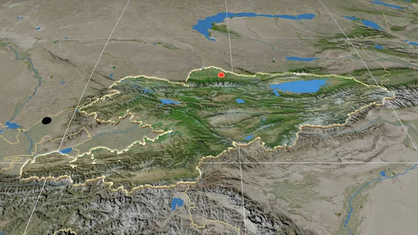 Kyrgyzstan Extruded Satellite Orthographic Map Capital Administrative Borders Graticule — Stock Photo, Image