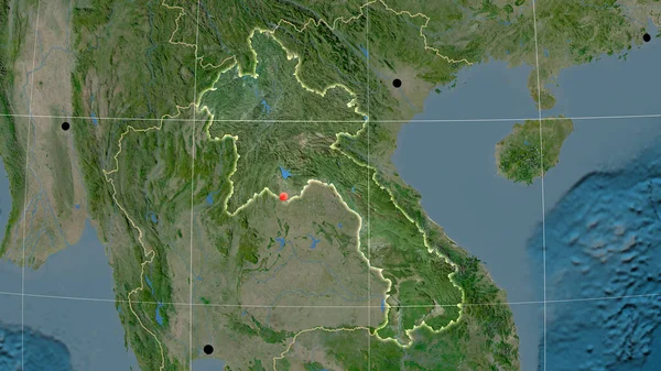 Laos Delineado Mapa Ortográfico Satélite Capital Fronteiras Administrativas Gratificação — Fotografia de Stock