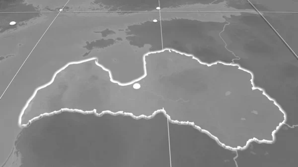 Letonia Extruido Mapa Ortográfico Escala Grises Capital Fronteras Administrativas Graticule —  Fotos de Stock