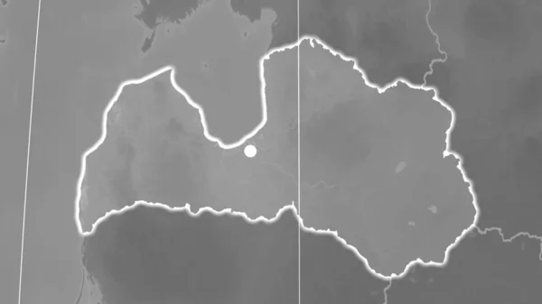 Łotwa Nakreśliła Mapę Ortograficzną Skali Szarości Kapitał Granice Administracyjne Zaspokojenie — Zdjęcie stockowe