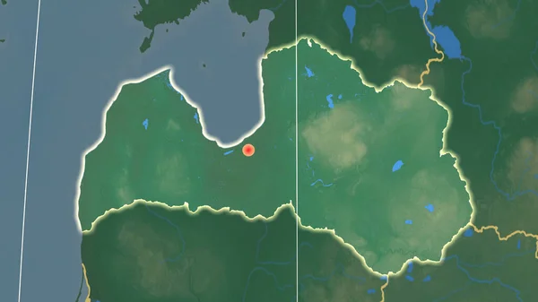 Lotyšsko Nastínilo Reliéfní Ortografické Mapě Hlavní Město Administrativní Hranice Graticule — Stock fotografie