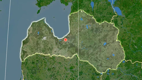 Łotwa Nakreślona Mapie Ortograficznej Satelity Kapitał Granice Administracyjne Zaspokojenie Potrzeb — Zdjęcie stockowe