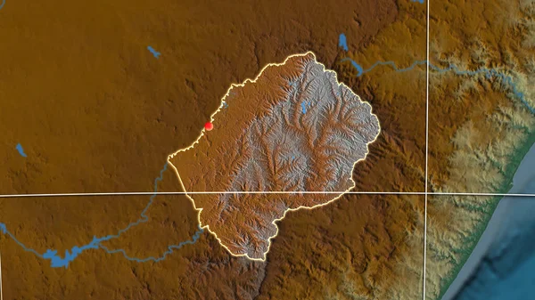 Lesotho Outlined Relief Orthographic Map Capital Administrative Borders Graticule — Stock Photo, Image