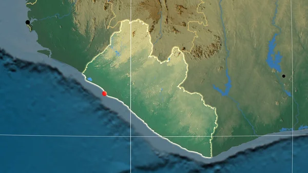Liberia Outlined Relief Orthographic Map Capital Administrative Borders Graticule — Stock Photo, Image