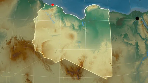 Libya Outlined Relief Orthographic Map Capital Administrative Borders Graticule — Stock Photo, Image