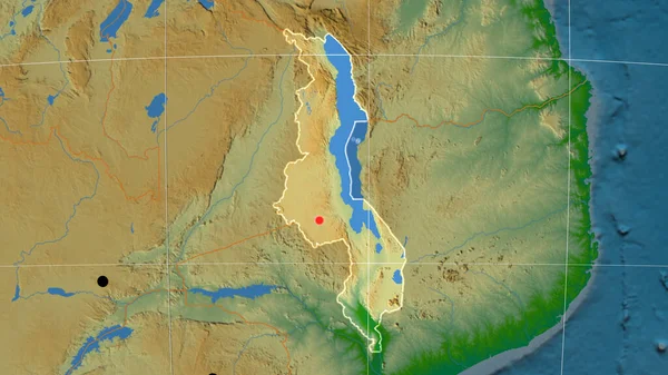 Malawi Fiziksel Ortografik Haritada Ana Hatlarıyla Belirtilmiş Sermaye Idari Sınırlar — Stok fotoğraf