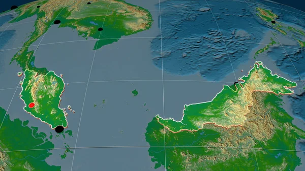 Malaysia extruded on the physical orthographic map. Capital, administrative borders and graticule