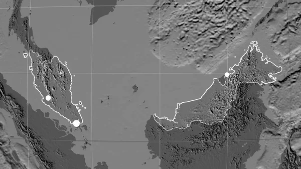 Malaysia Outlined Bilevel Orthographic Map Capital Administrative Borders Graticule — Stock Photo, Image