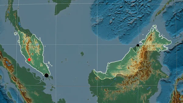 Malaysia outlined on the relief orthographic map. Capital, administrative borders and graticule