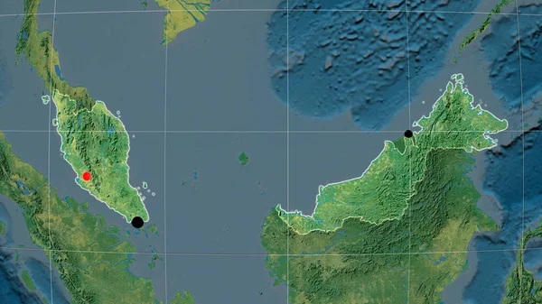 Malaysia outlined on the topographic orthographic map. Capital, administrative borders and graticule