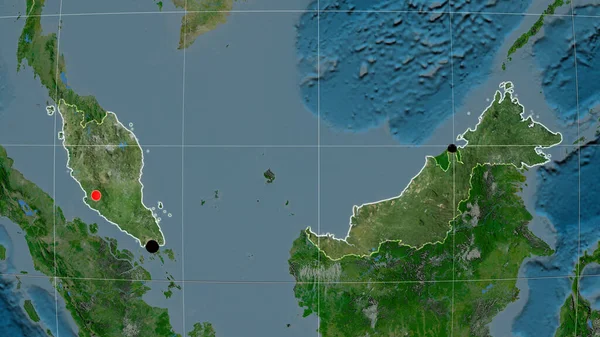 Malasia Describe Mapa Ortográfico Por Satélite Capital Fronteras Administrativas Graticule — Foto de Stock