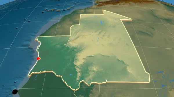 Mauritânia Extrudiu Mapa Ortográfico Alívio Capital Fronteiras Administrativas Gratificação — Fotografia de Stock