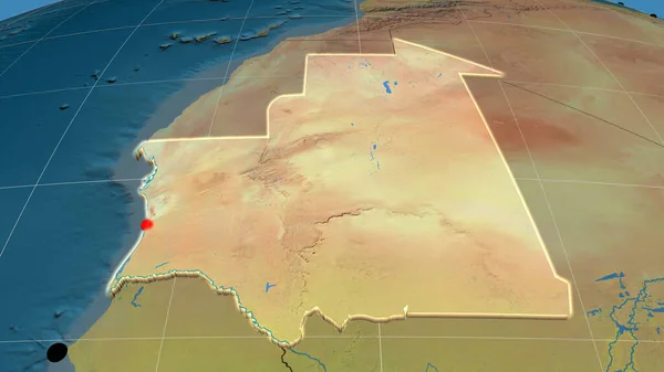 Mauritania Extruido Mapa Ortográfico Topográfico Capital Fronteras Administrativas Graticule —  Fotos de Stock