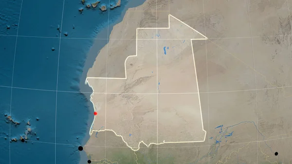 Mauritania Delineato Sulla Mappa Ortografica Satellitare Capitale Frontiere Amministrative Graticole — Foto Stock