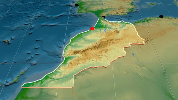 Marruecos Extruido Mapa Ortográfico Físico Capital Fronteras Administrativas Graticule —  Fotos de Stock