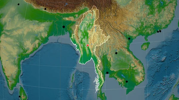 Myanmar Delineato Sulla Mappa Ortografica Fisica Capitale Frontiere Amministrative Graticole — Foto Stock