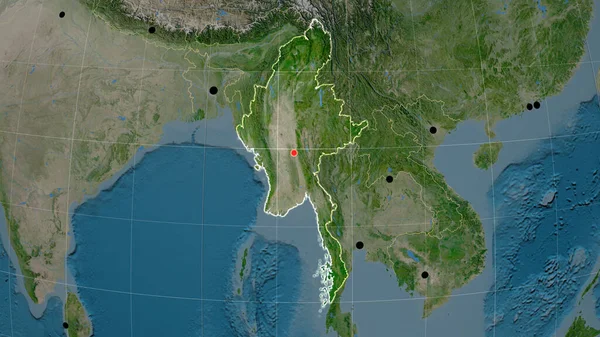 Myanmar Delineato Sulla Mappa Ortografica Satellitare Capitale Frontiere Amministrative Graticole — Foto Stock