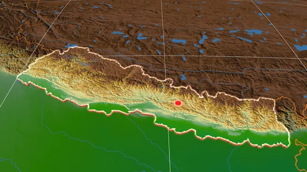 Nepal extruded on the physical orthographic map. Capital, administrative borders and graticule