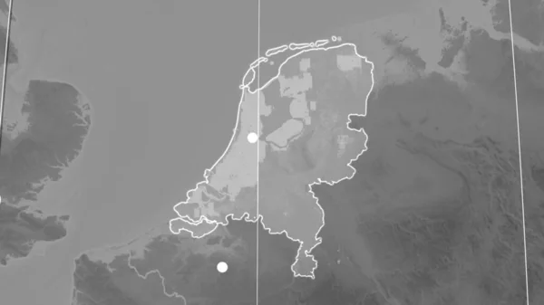 Holanda Delineou Mapa Ortográfico Escala Cinza Capital Fronteiras Administrativas Gratificação — Fotografia de Stock