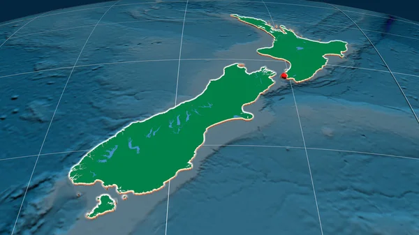 Nueva Zelanda Extruido Mapa Ortográfico Físico Capital Fronteras Administrativas Graticule — Foto de Stock