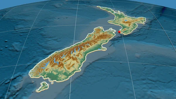 Nueva Zelanda Extruido Mapa Ortográfico Relieve Capital Fronteras Administrativas Graticule —  Fotos de Stock