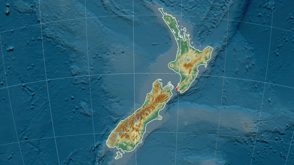 Nueva Zelanda Esbozó Mapa Ortográfico Relieve Capital Fronteras Administrativas Graticule — Foto de Stock