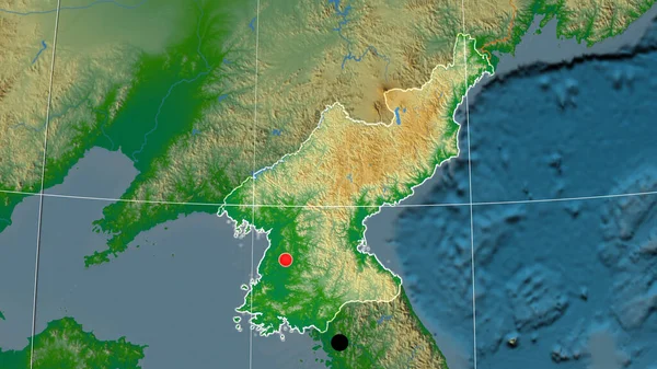 Corea Del Nord Delineato Sulla Mappa Ortografica Fisica Capitale Frontiere — Foto Stock