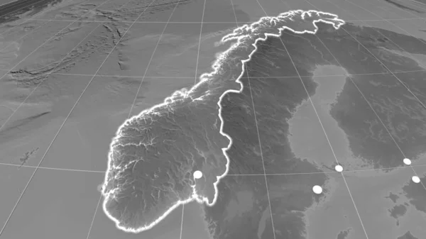 Norway Extruded Grayscale Orthographic Map Capital Administrative Borders Graticule — Stock Photo, Image