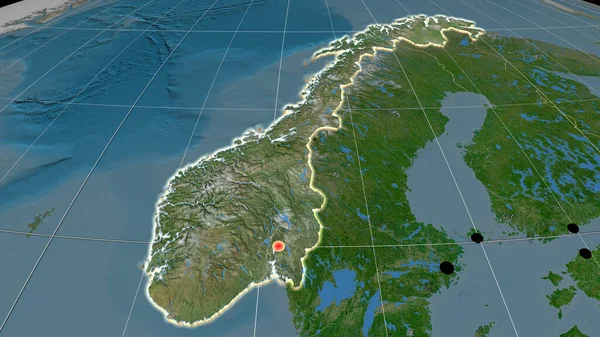 Norsko Vytlačilo Satelitní Ortografické Mapě Hlavní Město Administrativní Hranice Graticule — Stock fotografie