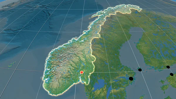 Noruega Extruido Mapa Ortográfico Topográfico Capital Fronteras Administrativas Graticule — Foto de Stock