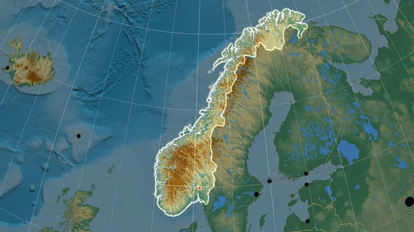 Norway Outlined Relief Orthographic Map Capital Administrative Borders Graticule — Stock Photo, Image