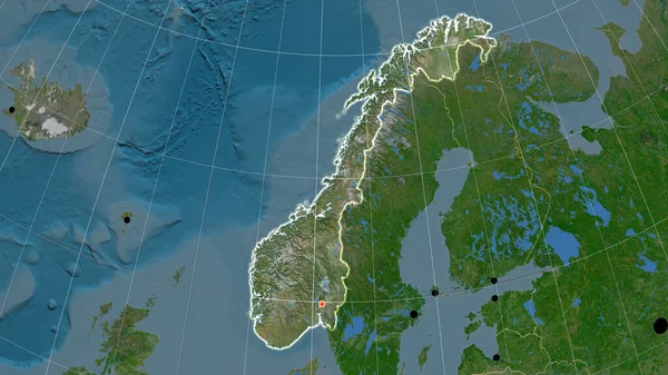 Norway Outlined Satellite Orthographic Map Capital Administrative Borders Graticule — Stock Photo, Image