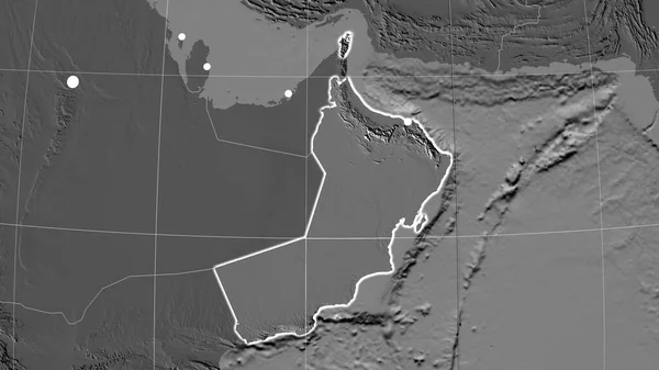 Oman Nakreślony Dwupoziomowej Mapie Ortograficznej Kapitał Granice Administracyjne Zaspokojenie Potrzeb — Zdjęcie stockowe