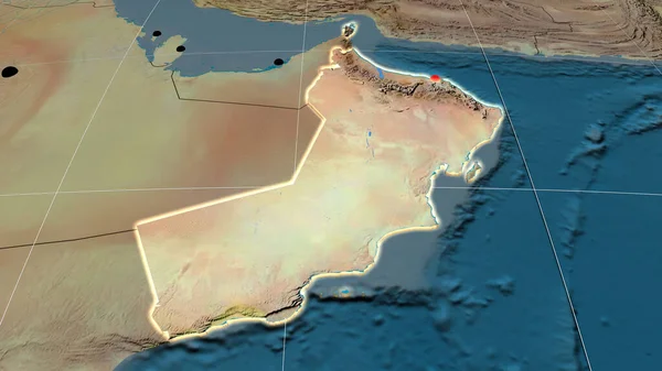 Omán Extruido Mapa Ortográfico Topográfico Capital Fronteras Administrativas Graticule — Foto de Stock