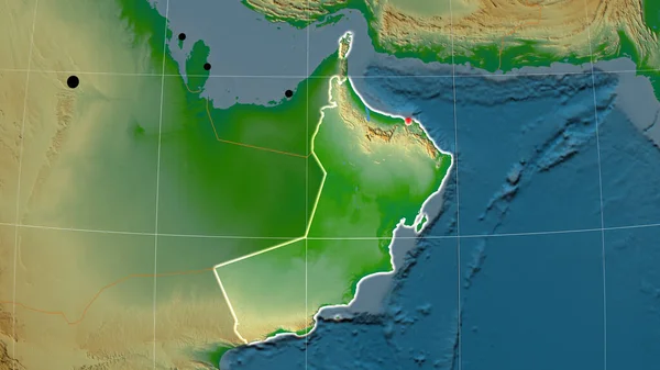 Omán Esbozado Mapa Ortográfico Físico Capital Fronteras Administrativas Graticule —  Fotos de Stock