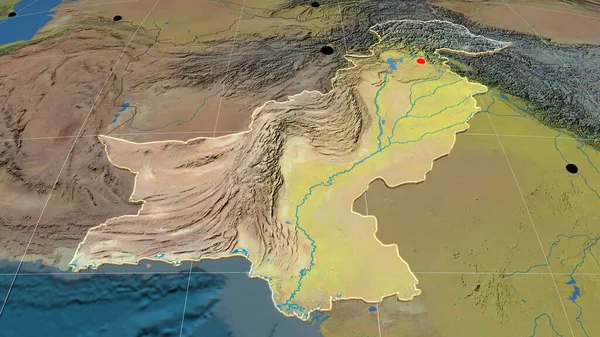 Pakistán Extruido Mapa Ortográfico Topográfico Capital Fronteras Administrativas Graticule — Foto de Stock
