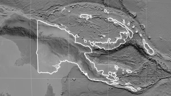 Papúa Nueva Guinea Esbozado Mapa Ortográfico Escala Grises Capital Fronteras —  Fotos de Stock